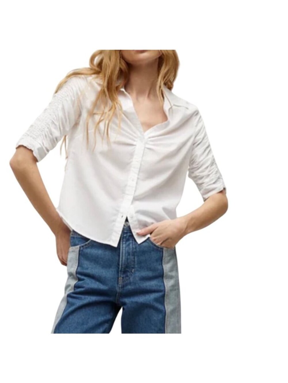 Veronica Beard Porta Ruched Button-Front Shirt White Cotton XL Smocked Sleeve